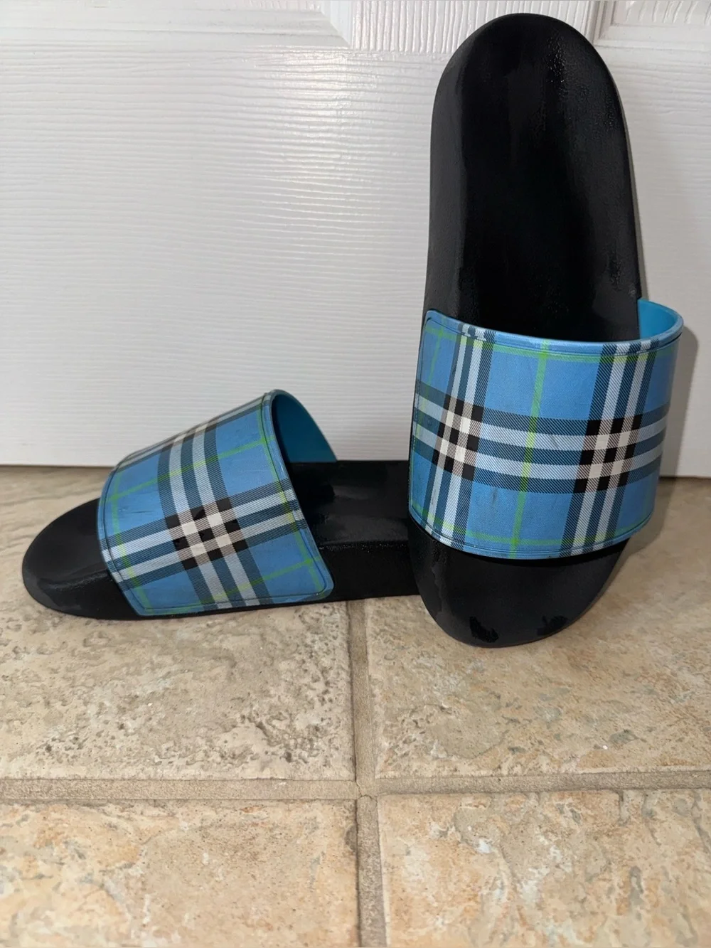 Burberry Blue Plaid Slide Sandals - Picture 1 of 4